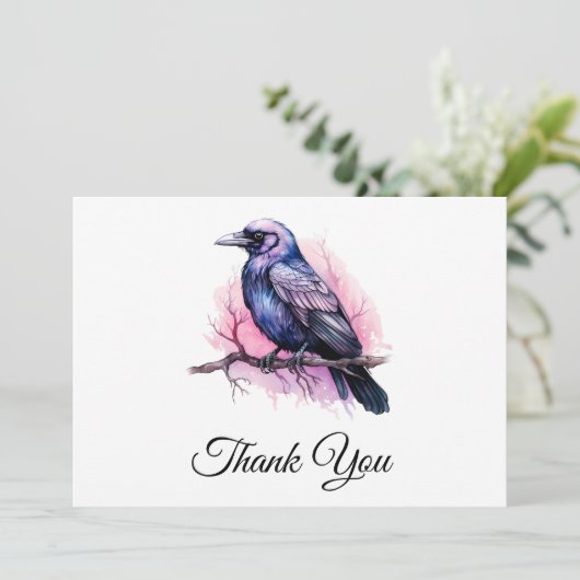 Black Raven on a Branch Illustration Dankeskarte (Stehend Vorderseite)