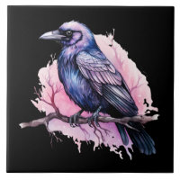 Black Raven on a Branch Illustration