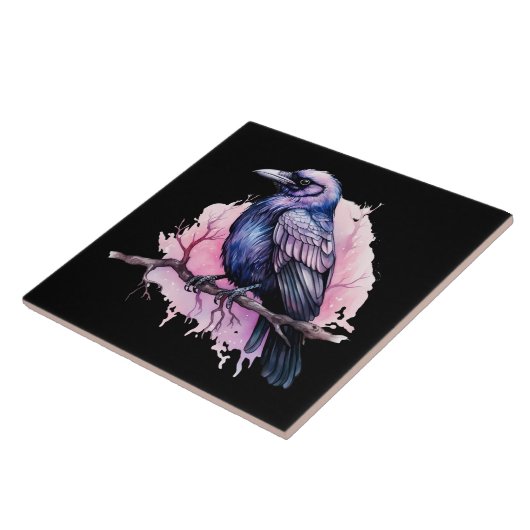 Black Raven on a Branch Illustration Fliese (Seite)