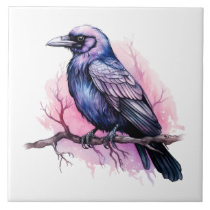 Black Raven on a Branch Illustration Fliese