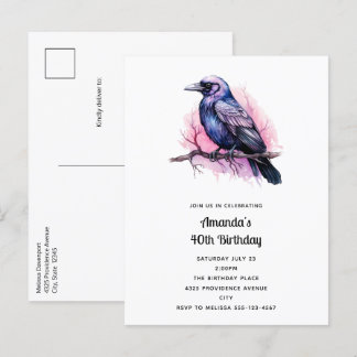 Black Raven on a Branch Illustration Geburtstag Einladungspostkarte