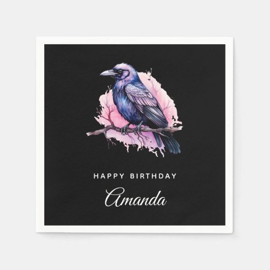 Black Raven on a Branch Illustration Geburtstag Serviette (Vorderseite)