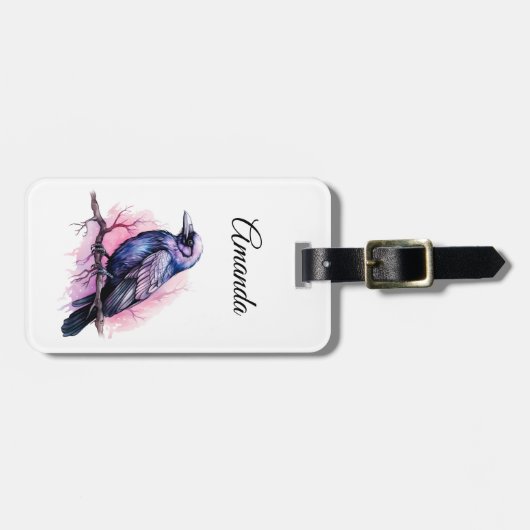 Black Raven on a Branch Illustration Gepäckanhänger (Vorderseite horizontal)