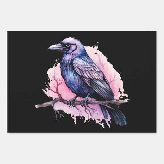 Black Raven on a Branch Illustration Geschenkpapier Set (Vorderseite)