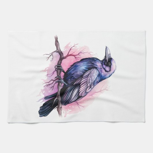 Black Raven on a Branch Illustration Geschirrtuch (Horizontal)