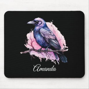 Black Raven on a Branch Illustration Mousepad