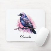 Black Raven on a Branch Illustration Mousepad (Mit Mouse)