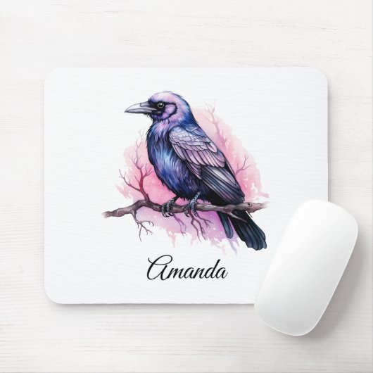 Black Raven on a Branch Illustration Mousepad (Mit Mouse)