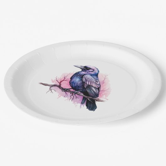 Black Raven on a Branch Illustration Pappteller (Schrägansicht)