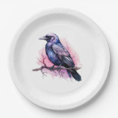 Black Raven on a Branch Illustration Pappteller (Vorderseite)
