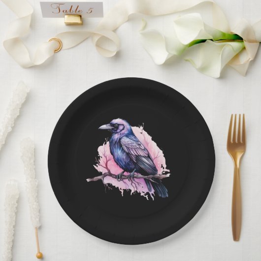 Black Raven on a Branch Illustration Pappteller (Hochzeit)