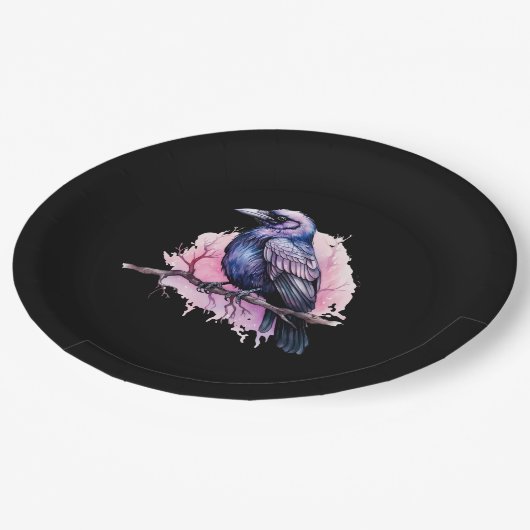 Black Raven on a Branch Illustration Pappteller (Schrägansicht)