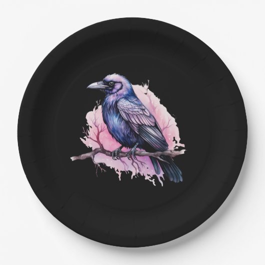 Black Raven on a Branch Illustration Pappteller (Vorderseite)