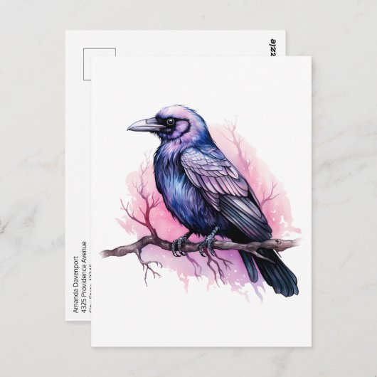 Black Raven on a Branch Illustration Postkarte (Vorne/Hinten)