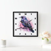 Black Raven on a Branch Illustration Quadratische Wanduhr (Zuhause)
