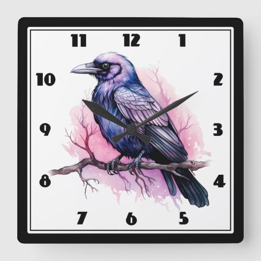 Black Raven on a Branch Illustration Quadratische Wanduhr (Vorderseite)