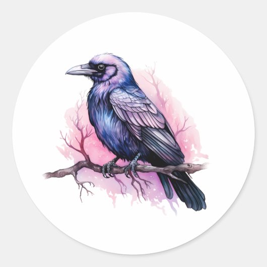 Black Raven on a Branch Illustration Runder Aufkleber (Vorderseite)