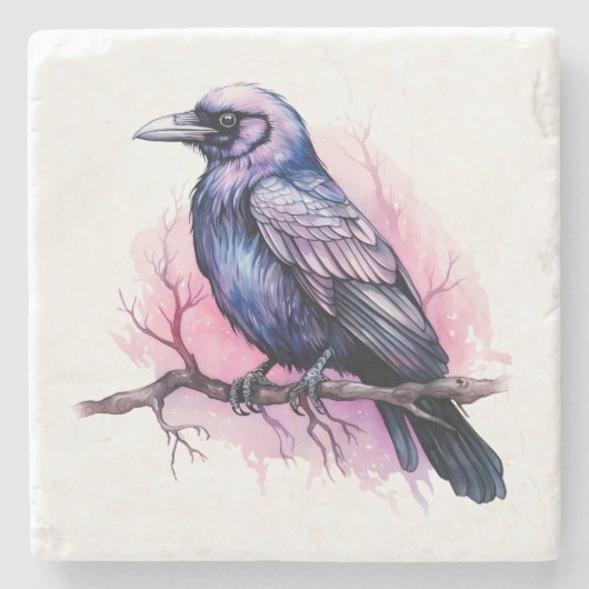 Black Raven on a Branch Illustration Steinuntersetzer (Vorderseite)