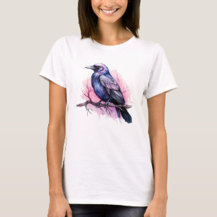 Black Raven on a Branch Illustration T-Shirt