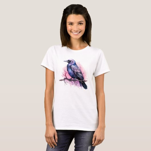 Black Raven on a Branch Illustration T-Shirt (Vorne ganz)