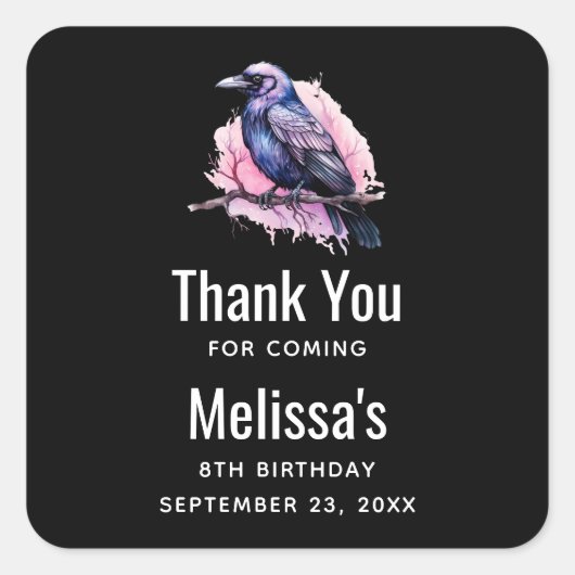 Black Raven on a Branch Illustration Vielen Dank Quadratischer Aufkleber (Vorderseite)