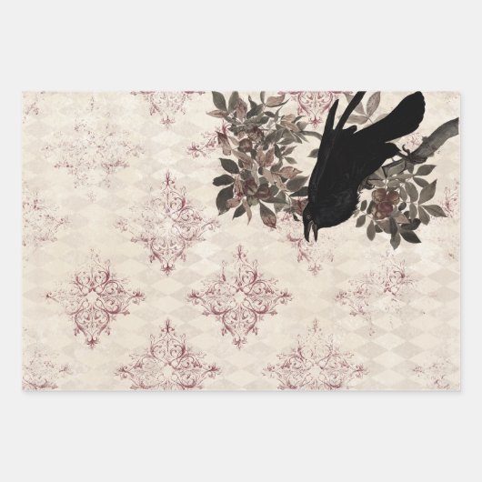 Black Raven on Branch Burgundy Damask Geschenkpapier Set (Vorderseite 2)