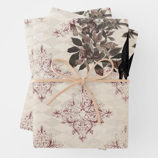 Black Raven on Branch Burgundy Damask Geschenkpapier Set (Beispiel)