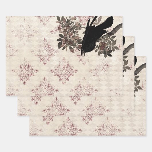 Black Raven on Branch Burgundy Damask Geschenkpapier Set (Set)