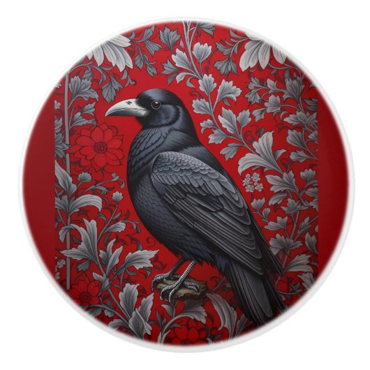 Black Raven Red Floral William Morris Inspired Keramikknauf (Vorderseite)