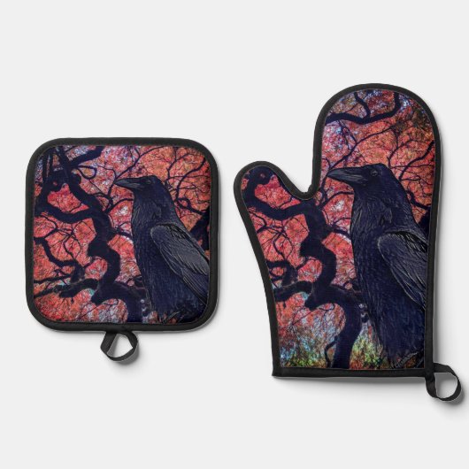 Black Raven und Gnarly Japanese Maple Tree Ofenhandschuh & Topflappen-Set (Vorderseite)