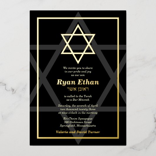 Black Real Gold Foil Star von David Bar Mitzvah Fo Folieneinladung (Vorderseite)