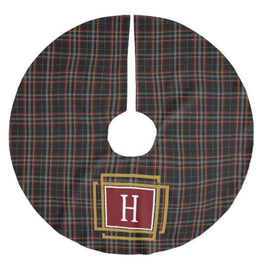Black Red and yellow Tartan Monogram  Polyester Weihnachtsbaumdecke (Vorderseite)