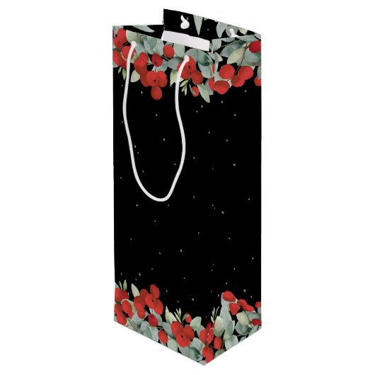 Black Red Berry+Eucalyptus Christmas/Holiday Geschenktüte Für Weinflaschen (Rückseite Schrägansicht)