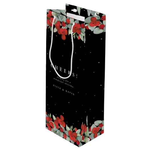 Black Red Berry+Eucalyptus Christmas/Holiday Geschenktüte Für Weinflaschen (Vorderseite Schrägansicht)
