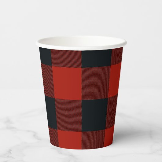 Black & Red Buffalo Gingham Kariertes Muster Pappbecher (Rückseite)