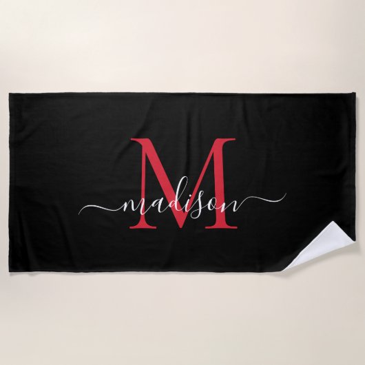 Black Red Burgundy Monogram Feminine Girl Script Strandtuch (Vorderseite)
