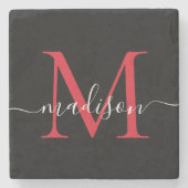 Black Red Burgundy Monogram Feminine Script Name Steinuntersetzer (Vorderseite)
