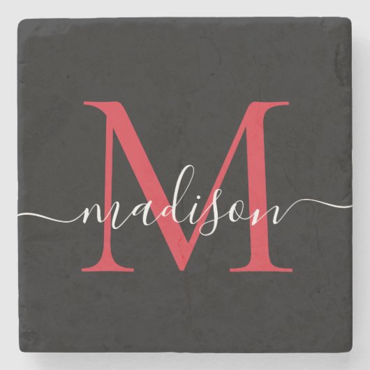 Black Red Burgundy Monogram Feminine Script Name Steinuntersetzer (Vorderseite)