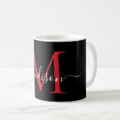 Black Red Burgundy Monogram Girly Script Stilvoll Kaffeetasse (VorderseiteRechts)