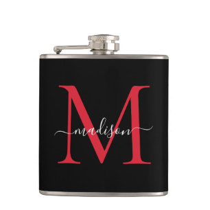 Black Red Burgundy Monogram Stylish Script Name Flachmann