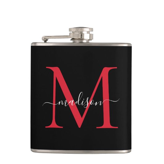 Black Red Burgundy Monogram Stylish Script Name Flachmann (Vorderseite)