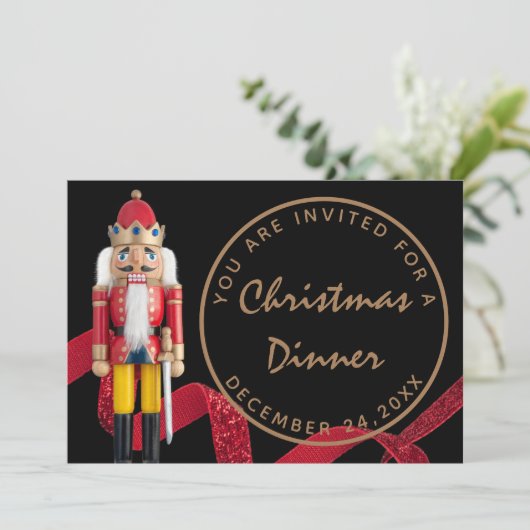 Black Red Christmas Eve Dinner Winter Nutcracker Einladung (Stehend Vorderseite)