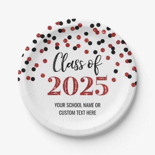 Black Red Confetti Abschluss 2025 Pappteller (Vorderseite)