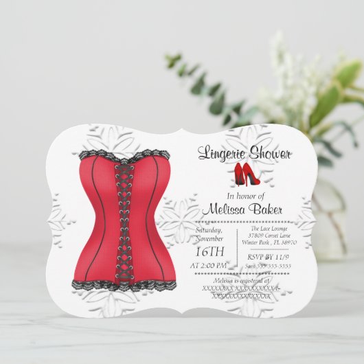 Black & Red Corset Lingerie Brautparty Einladung (Stehend Vorderseite)