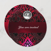 BLACK & RED DAMASK GEM STONE MONOGRAM burgundy Einladung (Vorne/Hinten)