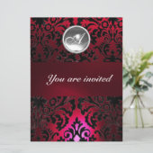 BLACK & RED DAMASK GEM STONE MONOGRAM burgundy Einladung (Stehend Vorderseite)