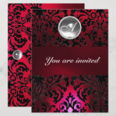 BLACK & RED DAMASK GEM STONE MONOGRAM burgundy Einladung (Vorne/Hinten)