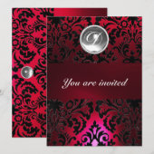 BLACK & RED DAMASK GEM STONE MONOGRAM burgundy Einladung (Vorne/Hinten)