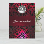 BLACK & RED DAMASK GEM STONE MONOGRAM burgundy Einladung (Stehend Vorderseite)