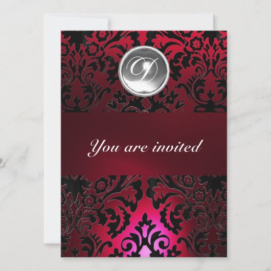 BLACK & RED DAMASK GEM STONE MONOGRAM burgundy Einladung (Vorderseite)
